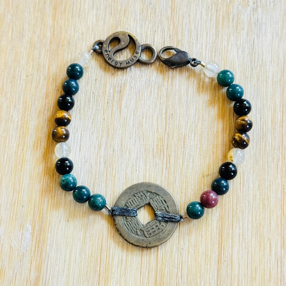 Energy Muse Signed Prosperity Coin Bracelet Tiger's Eye Quartz Onyx Beaded 7.5"